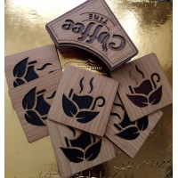Set of 6 wood cup coasters with stand, laser engraved drawings - مجموعة من 6 كوسترات خشبية مع حامل، بها رسومات محفورة بالليزر Set of 6 wood cup coasters with stand, laser engraved drawings - مجموعة من 6 كوسترات خشبية مع حامل، بها رسومات محفورة بالليزر