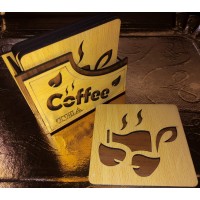 Set of 4 wood cup coasters with stand, laser engraved drawings - مجموعة من 4 كوسترات خشبية مع حامل، بها رسومات محفورة بالليزر Set of 4 wood cup coasters with stand, laser engraved drawings - مجموعة من 4 كوسترات خشبية مع حامل، بها رسومات محفورة بالليزر