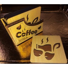 Set of 4 wood cup coasters with stand, laser engraved drawings - مجموعة من 4 كوسترات خشبية مع حامل، بها رسومات محفورة بالليزر
